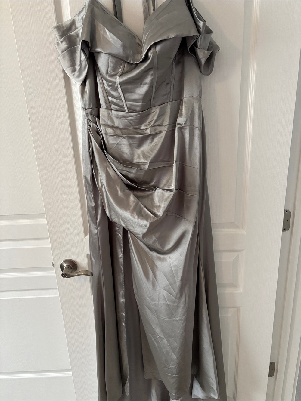 Off-Shoulder Silver Satin Prom Gown